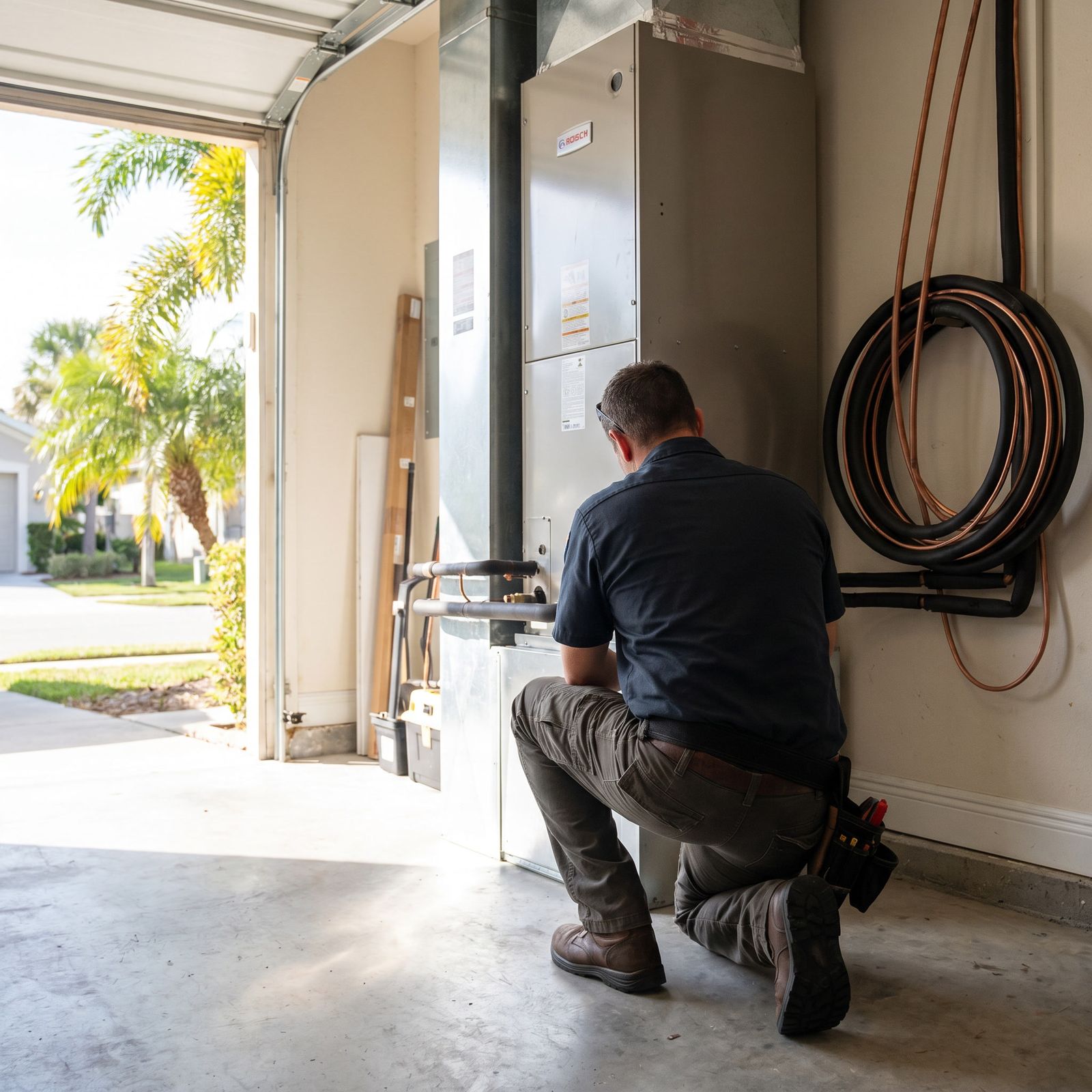 A technician kneels in an open garage to service an indoor air handler, with coiled copper line sets hanging on the wall and daylight coming through the open door.