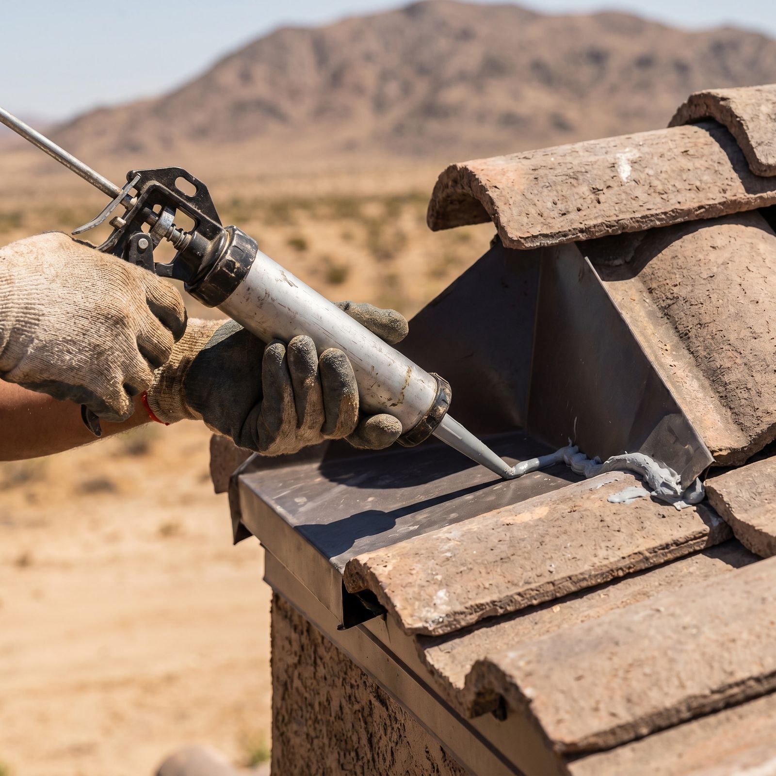 Gloved hands running a bead of sealant along metal flashing on a clay tile roof, with a bare desert mountain behind.