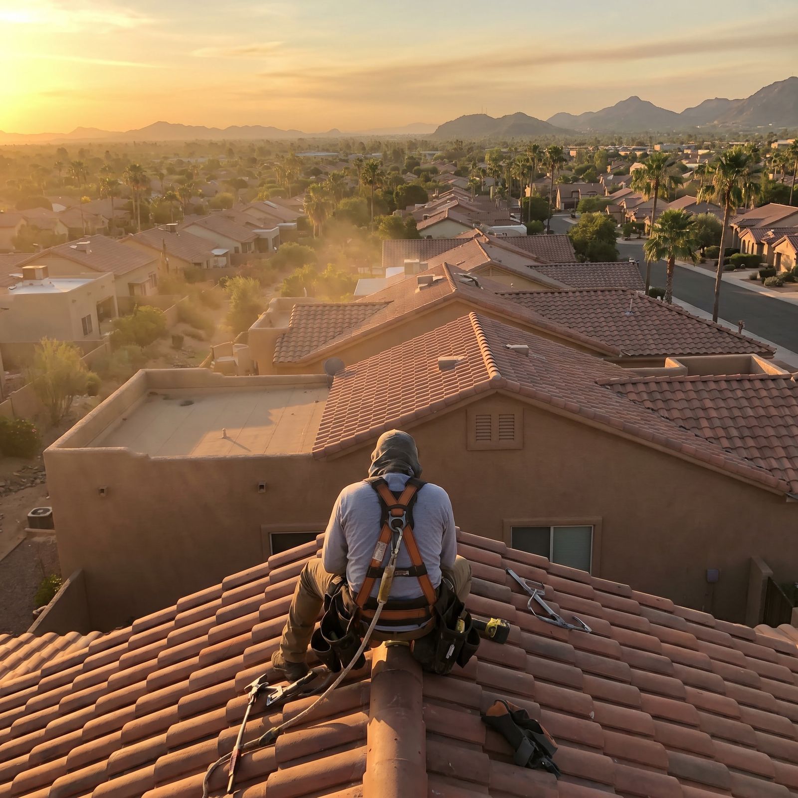 A tile-roofed neighborhood in the Phoenix valley at sunrise, with mountains on the horizon.