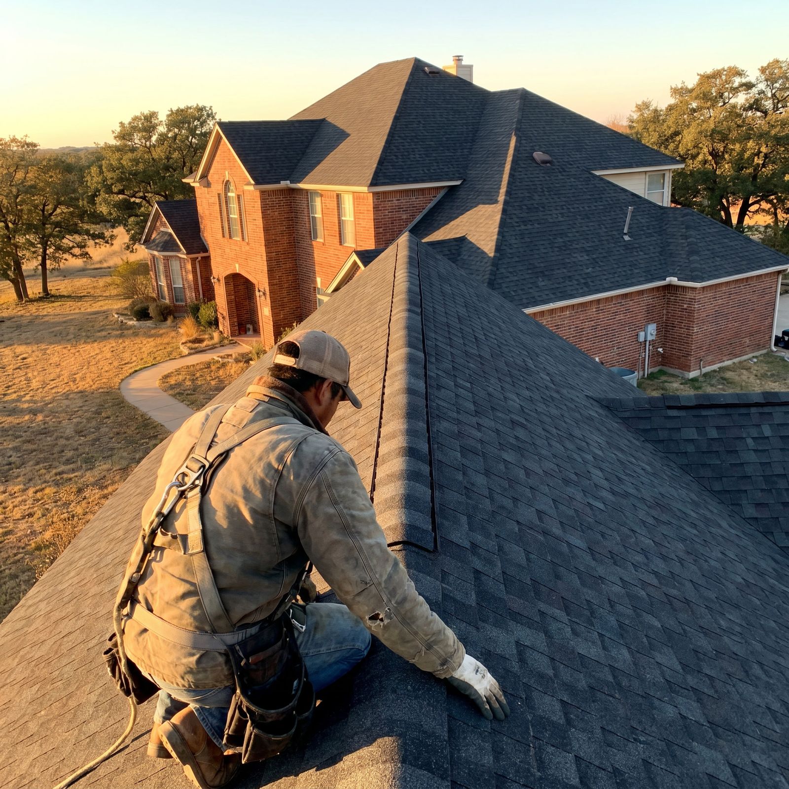 A roofer in a safety harness kneeling on a shingled ridge at sunrise, a two-storey brick house behind him.