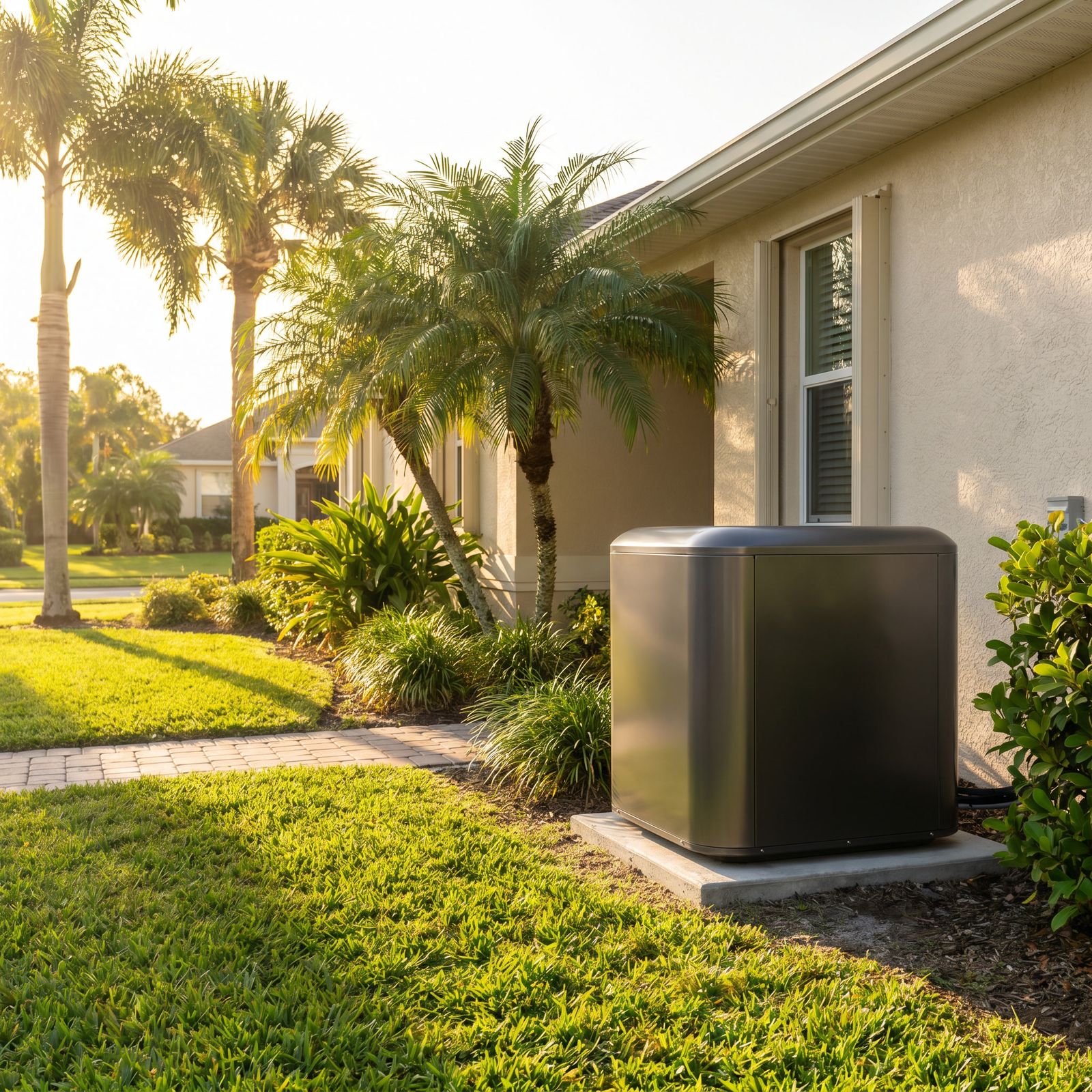 An outdoor air conditioning condenser beside a stucco home, palm trees and low evening sun.