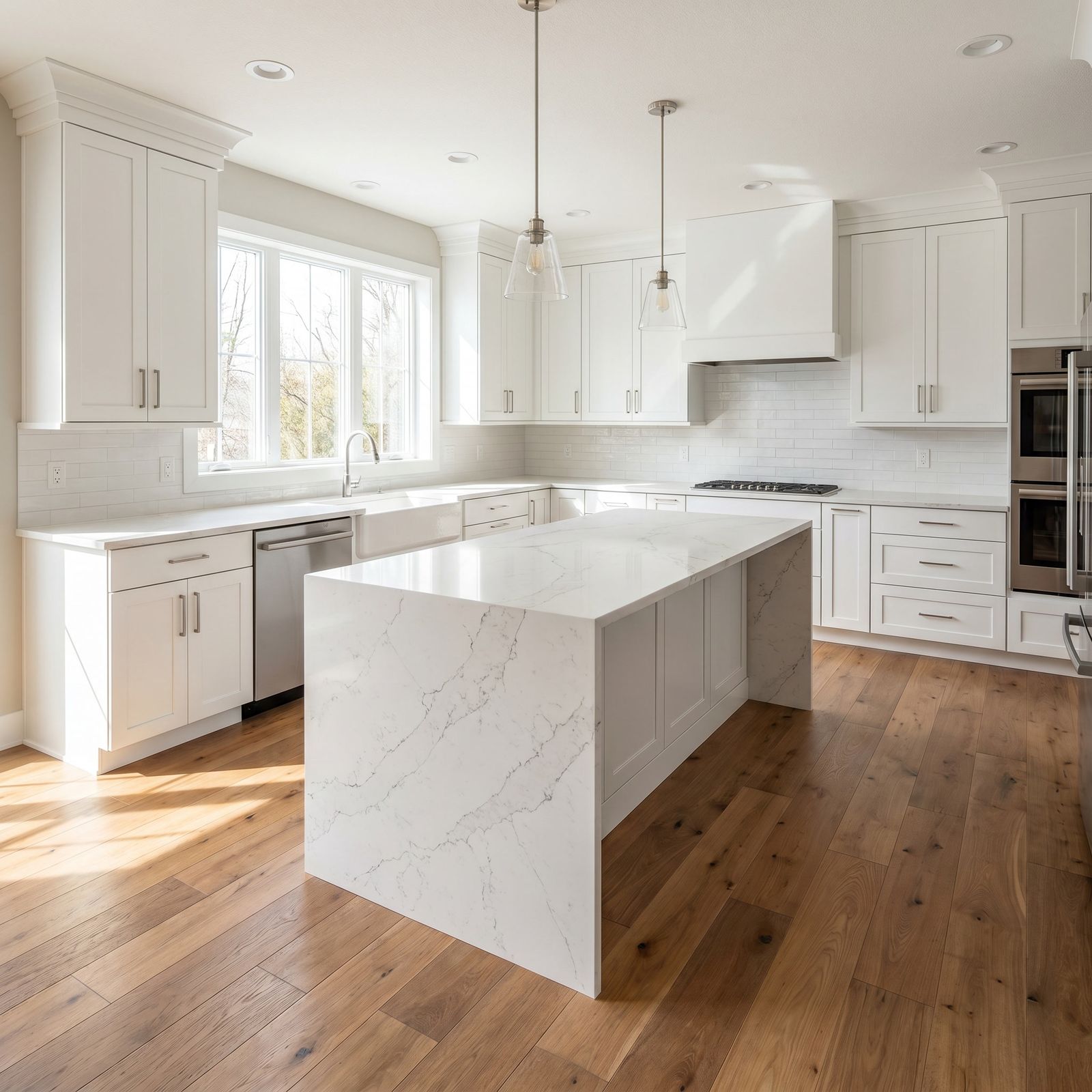 A newly finished white kitchen with a marble island and oak floors
