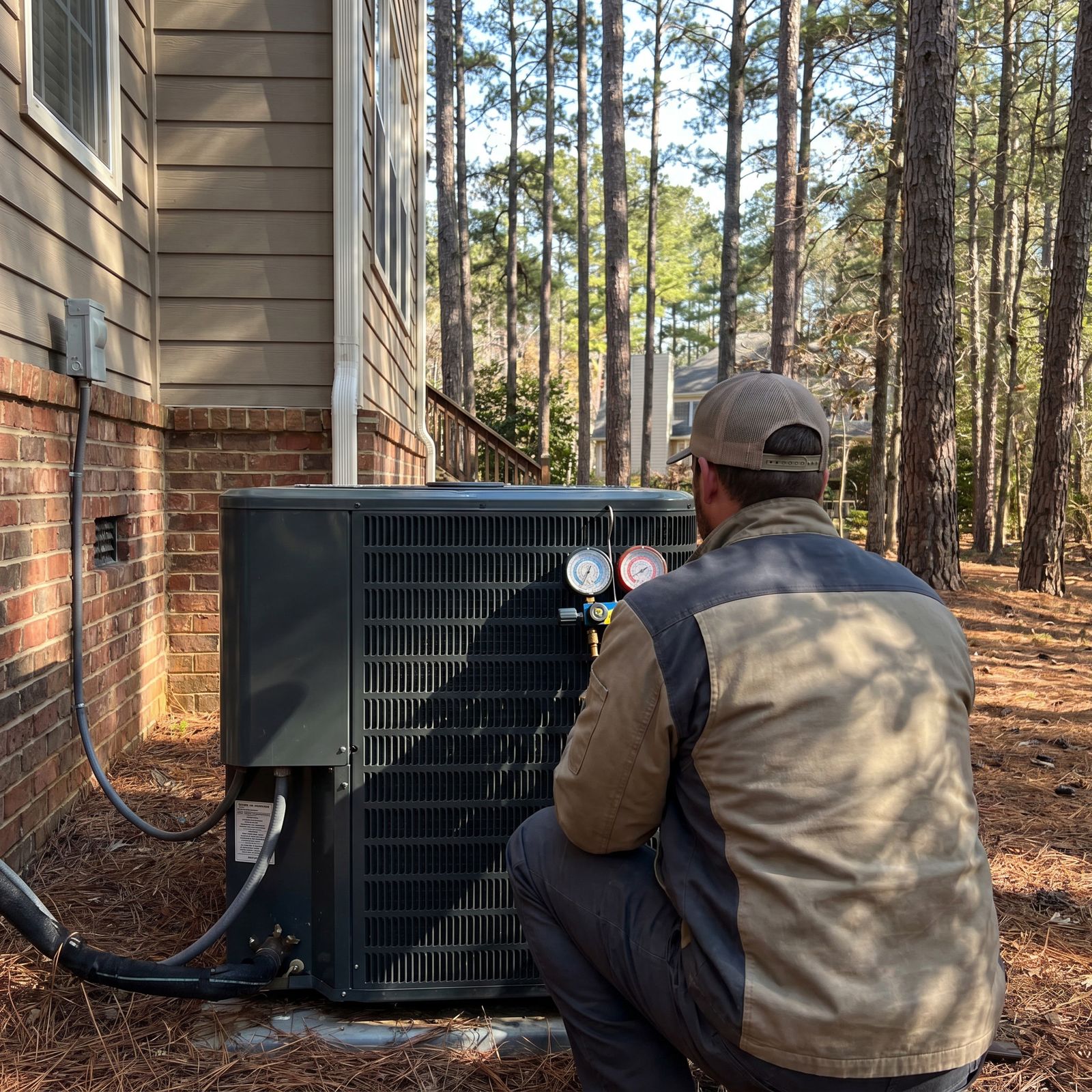 A technician kneeling with pressure gauges beside an outdoor air conditioning unit at the side of a house