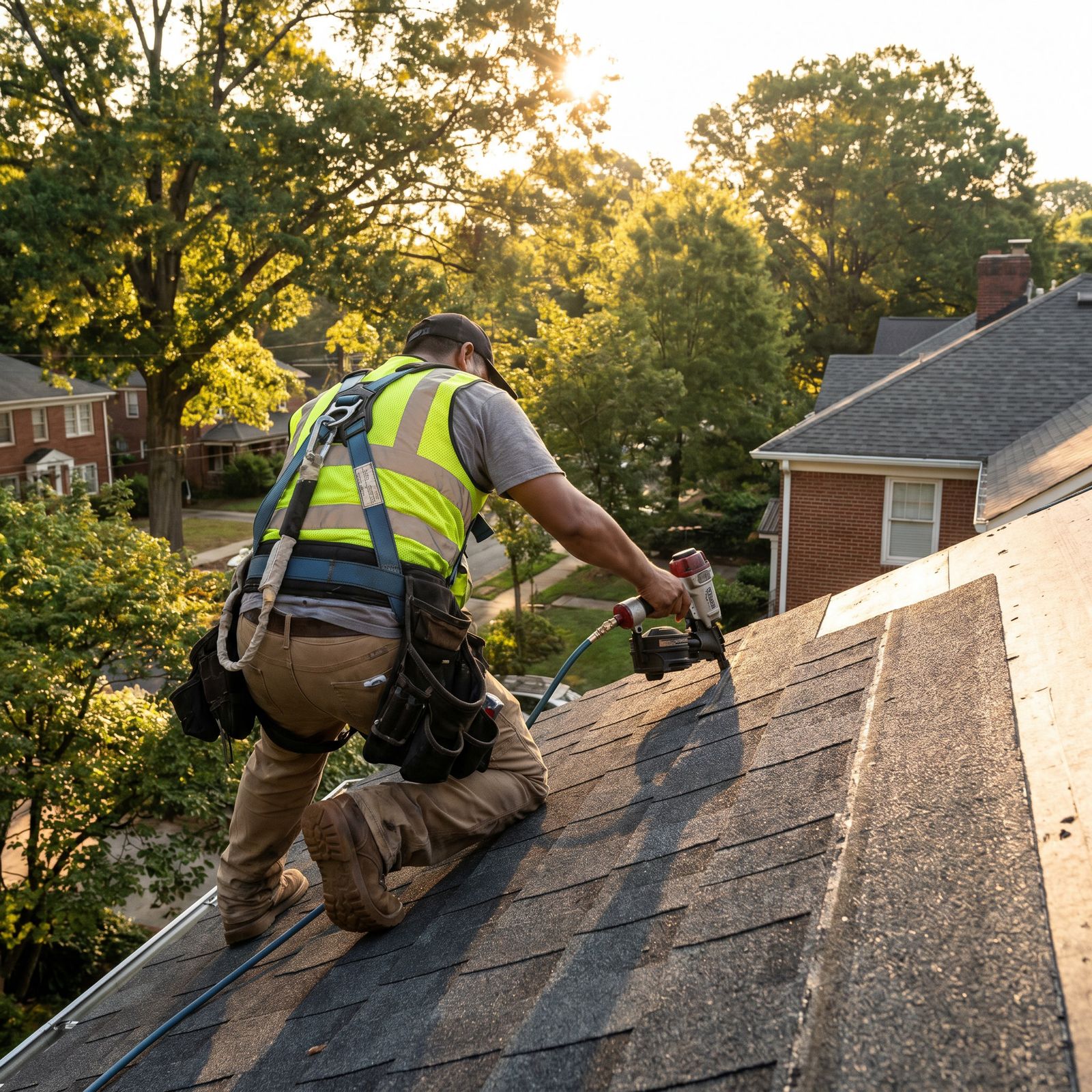 A roofer in a safety harness kneels on a shingled rooftop at sunrise, nailing down a course of asphalt shingles above a tree-lined street.
